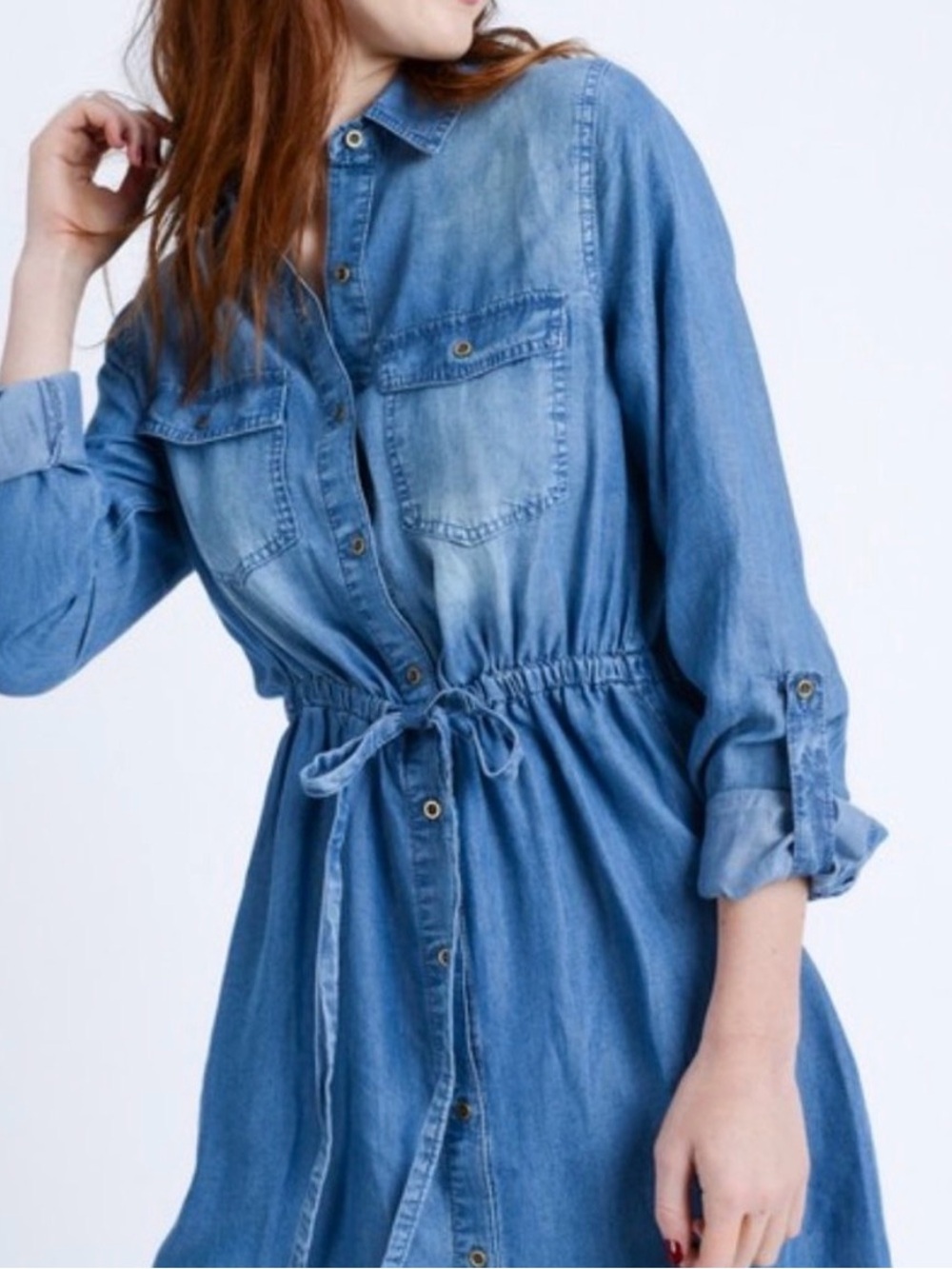 Love Tree Light Blue Chambray Shirt Dress Women’s Size L Boho Comfy Casual